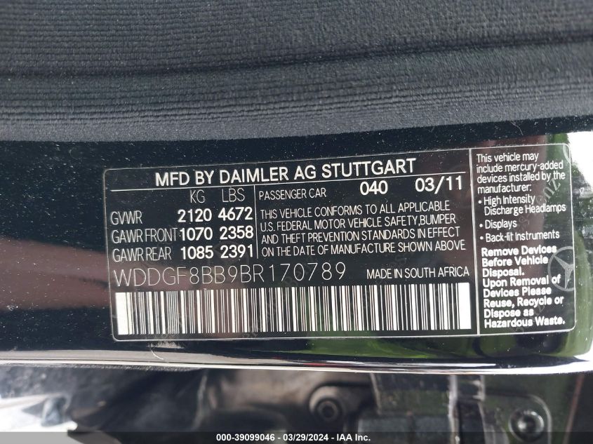 WDDGF8BB9BR170789 | 2011 MERCEDES-BENZ C 300