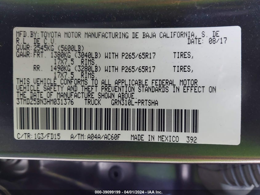 2017 TOYOTA TACOMA DBL CAB/SR5/TRD SPORT/OR - 3TMDZ5BN3HM031376