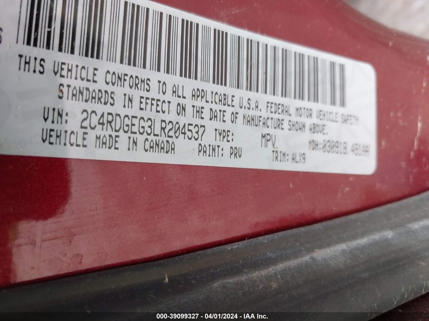 VIN 2C4RDGEG3LR204537 2020 DODGE GRAND CARAVAN GT