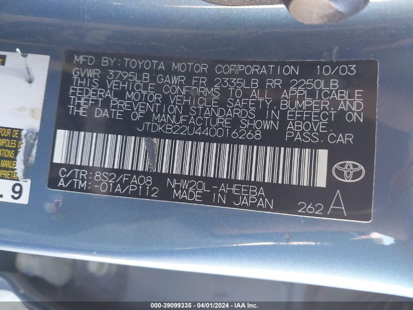 JTDKB22U440016268 2004 Toyota Prius