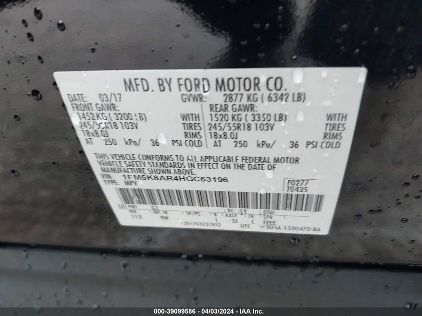 VIN 1FM5K8AR4HGC63196 2017 FORD UTILITY POLICE INTERCEPTOR