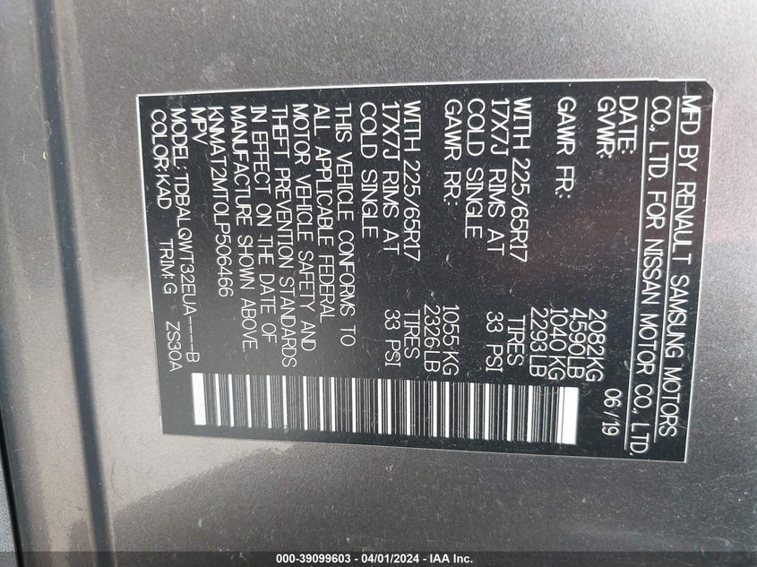 2020 NISSAN ROGUE SV FWD - KNMAT2MT0LP506466