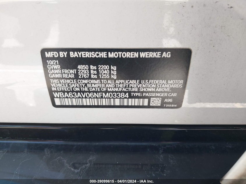 VIN WBA63AV06NFM03384 2022 BMW 430I GRAN COUPE GRAN COUPE