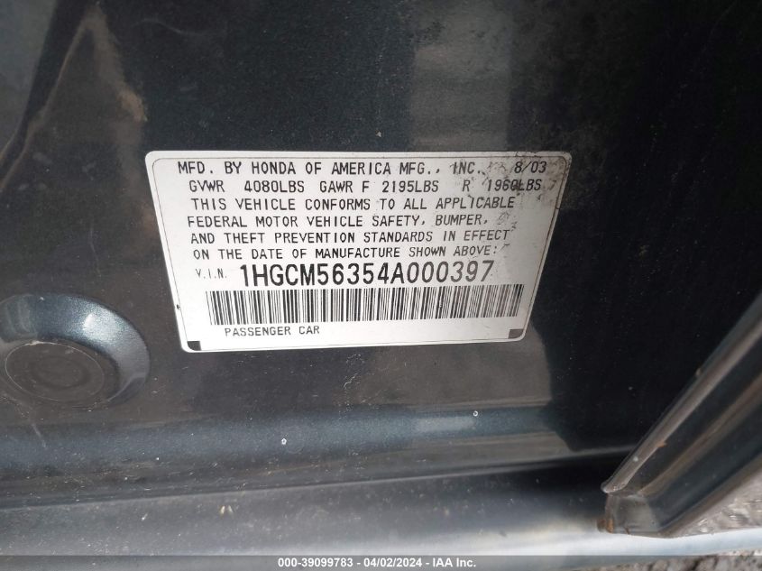 1HGCM56354A000397 | 2004 HONDA ACCORD