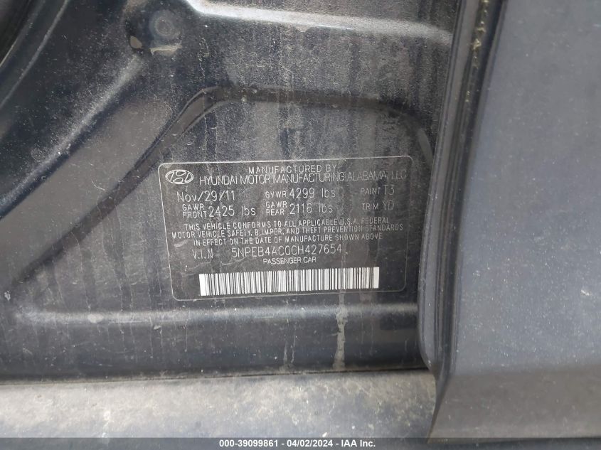2012 Hyundai Sonata Gls VIN: 5NPEB4AC0CH427654 Lot: 39099861