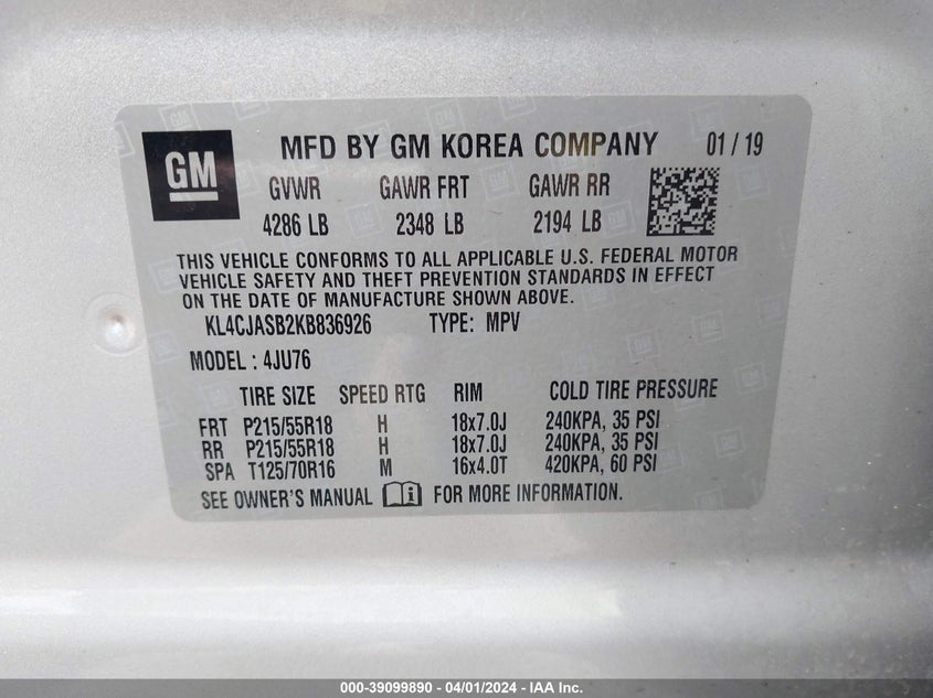 VIN KL4CJASB2KB836926 2019 BUICK ENCORE PREFERRED