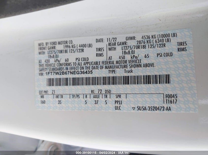 2022 FORD F250 6.2L V8   N(VIN: 1FT7W2B67NEG36435