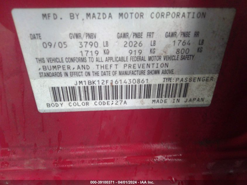 JM1BK12F161430861 | 2006 MAZDA MAZDA3