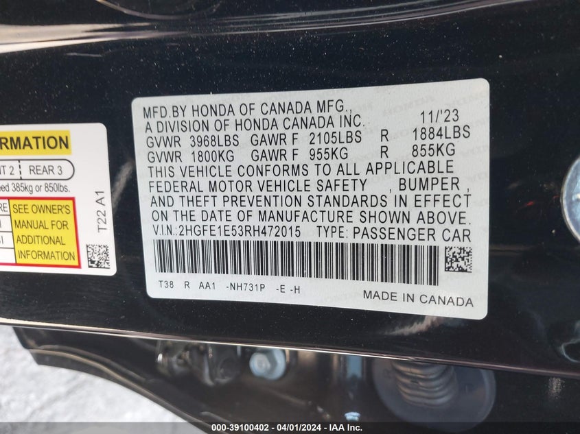 2024 HONDA CIVIC SI SEDAN - 2HGFE1E53RH472015