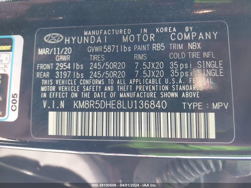 2020 HYUNDAI PALISADE LIMITED - KM8R5DHE8LU136840