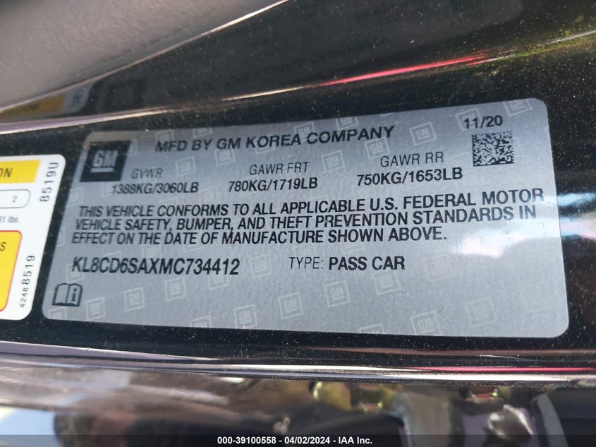 VIN KL8CD6SAXMC734412 2021 CHEVROLET SPARK 1LT