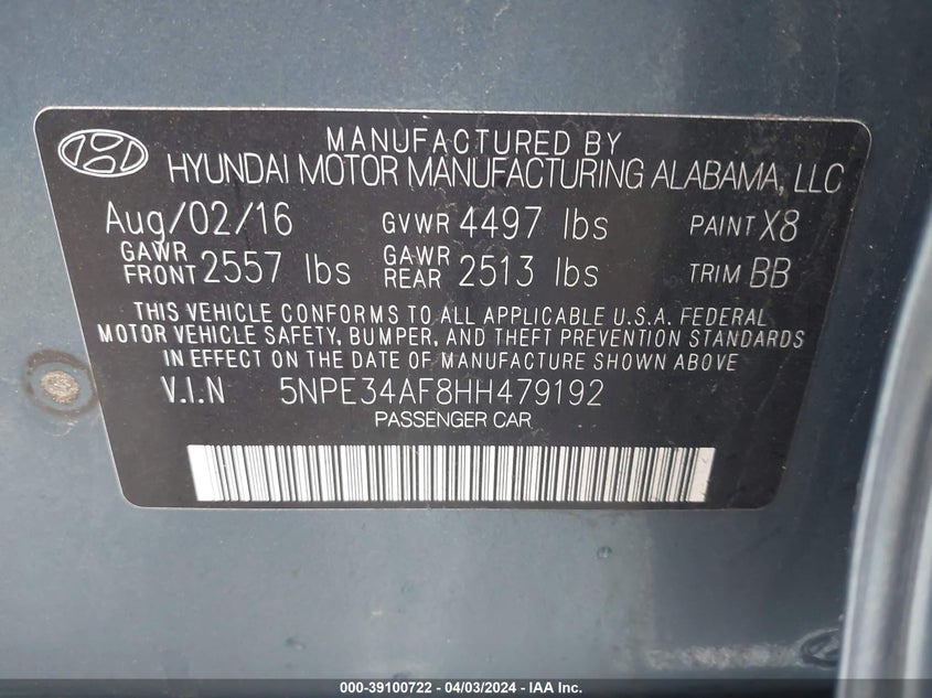 VIN 5NPE34AF8HH479192 2017 HYUNDAI SONATA SPORT