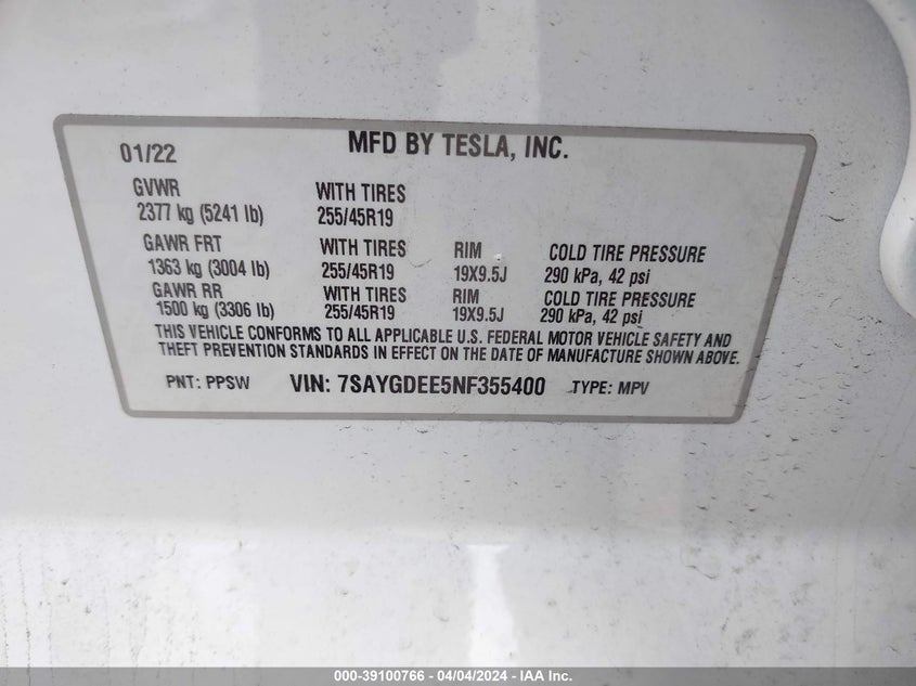 VIN 7SAYGDEE5NF355400 2022 TESLA MODEL Y