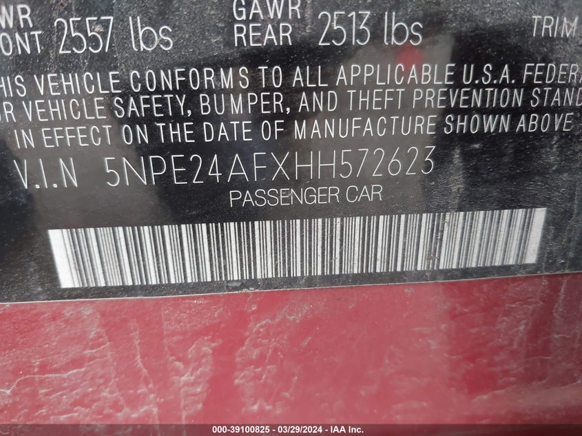 VIN 5NPE24AFXHH572623 2017 HYUNDAI SONATA