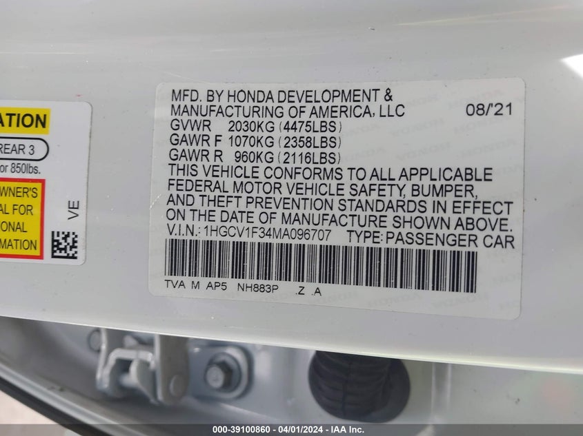 VIN 1HGCV1F34MA096707 2021 HONDA ACCORD SPORT