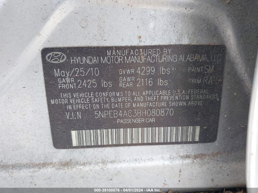 5NPEB4AC3BH080870 | 2011 HYUNDAI SONATA