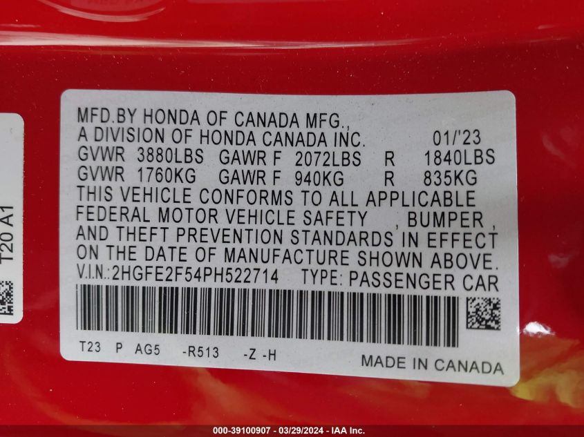 2HGFE2F54PH522714 | 2023 HONDA CIVIC