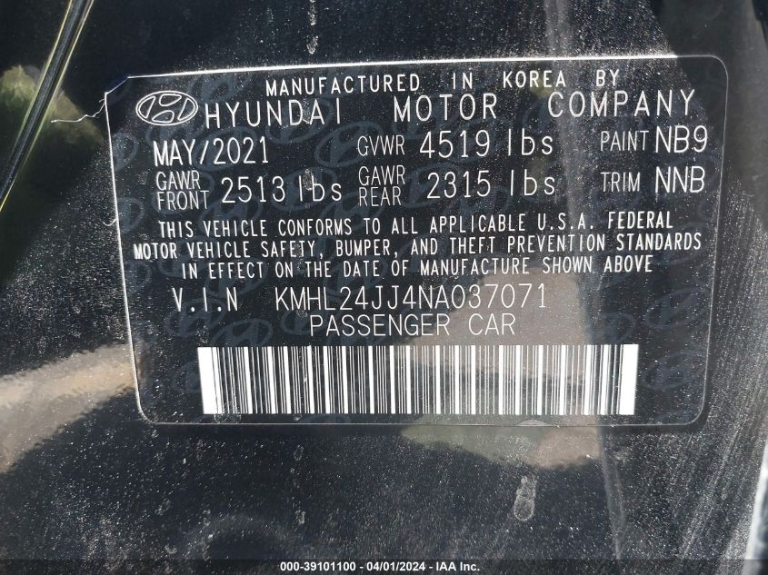 2022 Hyundai Sonata Hybrid Blue VIN: KMHL24JJ4NA037071 Lot: 39101100