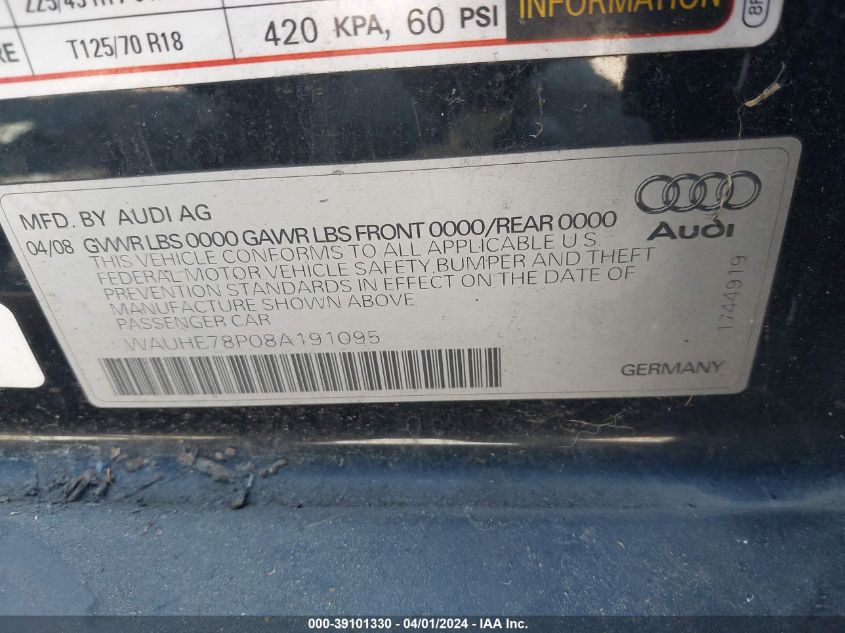 WAUHE78P08A191095 2008 Audi A3 2.0T