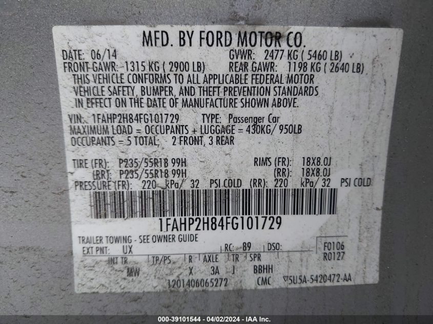 1FAHP2H84FG101729 | 2015 FORD TAURUS