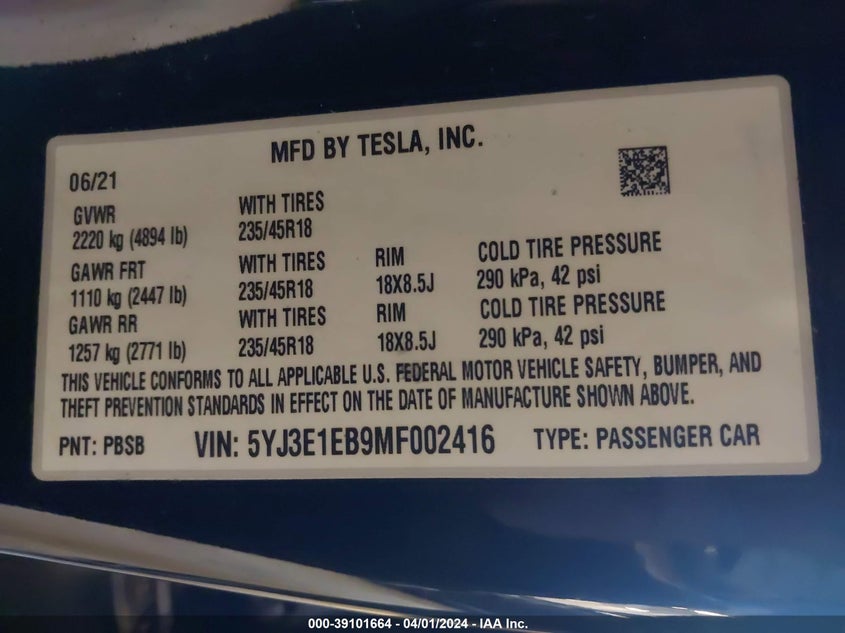 2021 TESLA MODEL 3 U  U UX(VIN: 5YJ3E1EB9MF002416