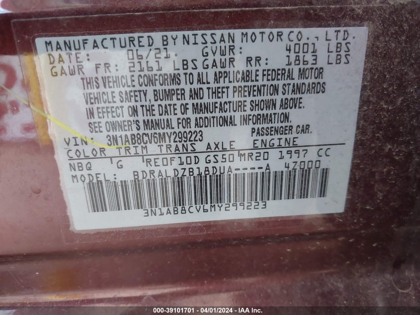 VIN 3N1AB8CV6MY299223 2021 NISSAN SENTRA SV