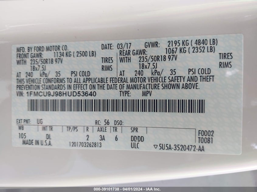 VIN 1FMCU9J98HUD53640 2017 FORD ESCAPE TITANIUM