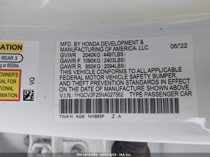 2022 HONDA ACCORD 2.0L I4   N(VIN: 1HGCV3F25NA027562