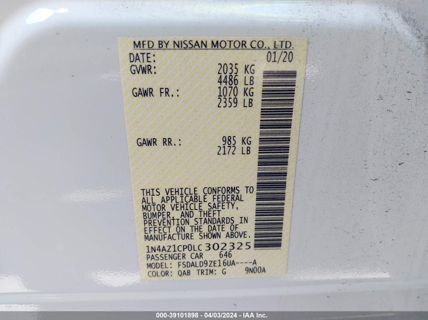 2020 NISSAN LEAF SV - 1N4AZ1CP0LC302325
