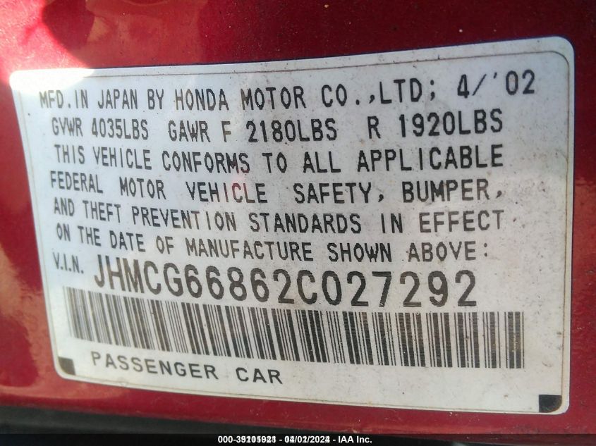 2002 Honda Accord Sdn Ex/Ex W/Leather/Se VIN: JHMCG66862C027292 Lot: 39101921