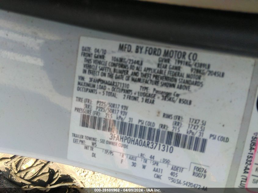 2010 Ford Fusion Se VIN: 3FAHP0HA0AR371310 Lot: 39101962