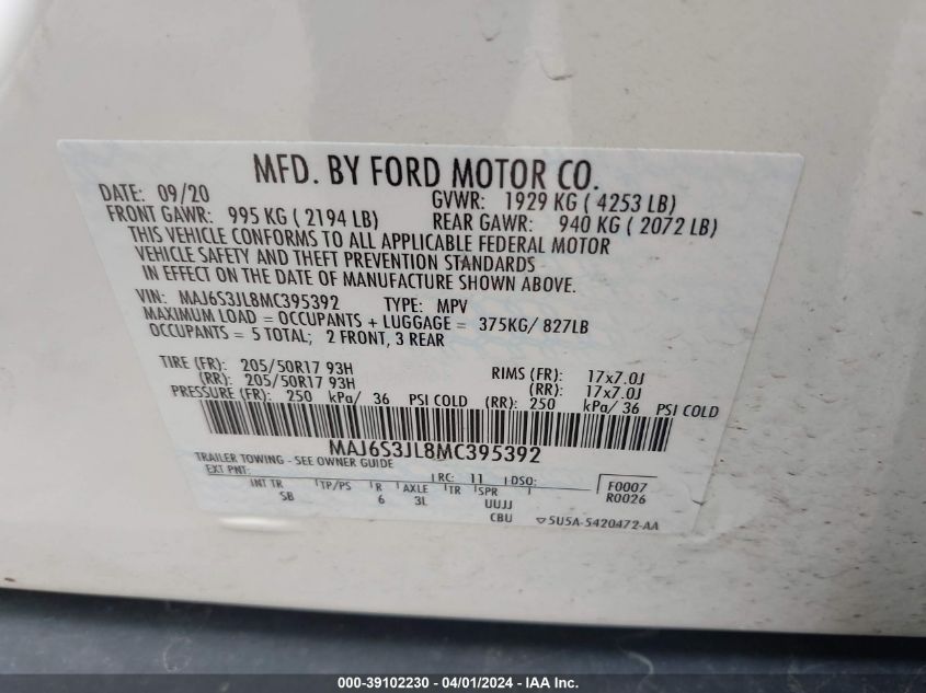 2021 Ford Ecosport Ses VIN: MAJ6S3JL8MC395392 Lot: 39102230