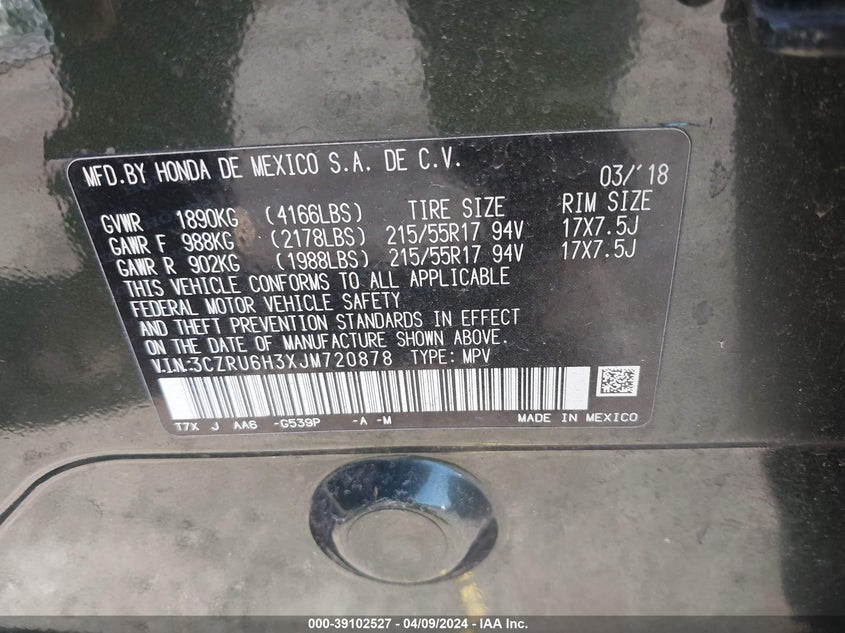 VIN 3CZRU6H3XJM720878 2018 HONDA HR-V LX