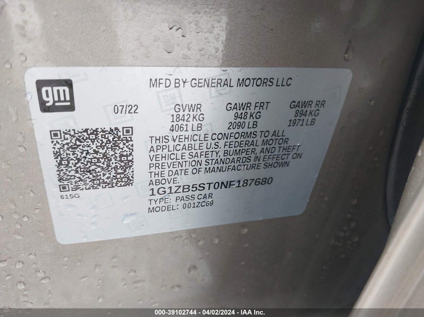 2022 CHEVROLET MALIBU FWD LS - 1G1ZB5ST0NF187680