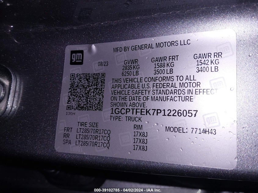 VIN 1GCPTFEK7P1226057 2023 CHEVROLET COLORADO 4WD  SHORT BOX ZR2