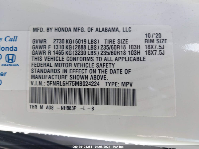 2021 HONDA ODYSSEY EX-L - 5FNRL6H75MB024224