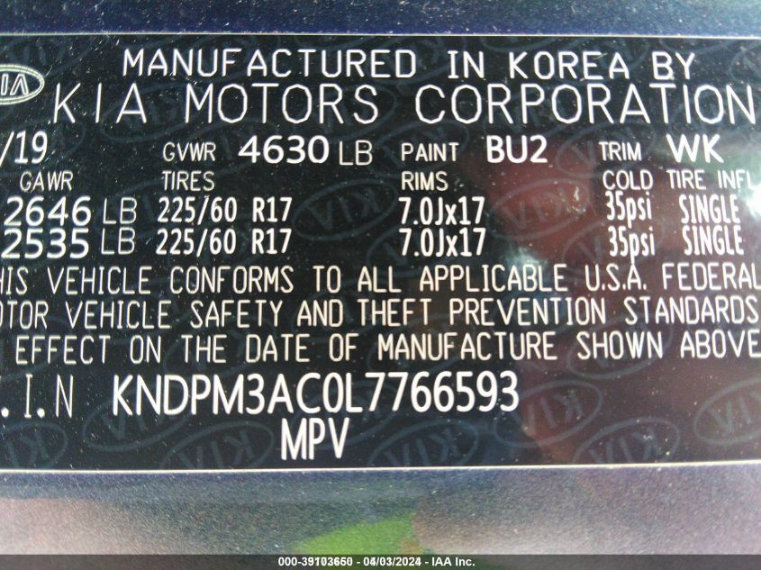 KNDPM3AC0L7766593 2020 Kia Sportage Lx