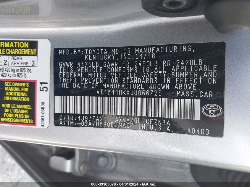 2018 TOYOTA CAMRY LE - 4T1B11HKXJU066725