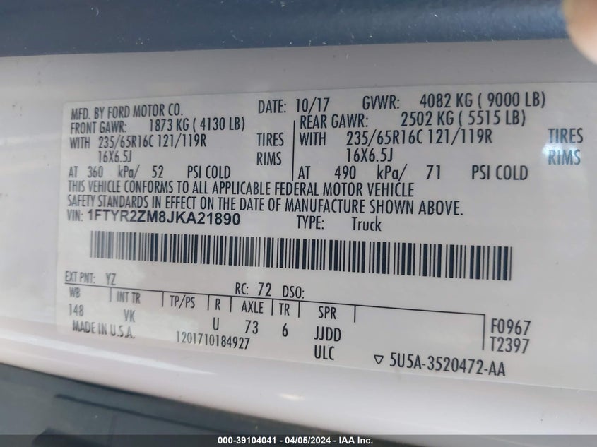 VIN 1FTYR2ZM8JKA21890 2018 FORD TRANSIT-250