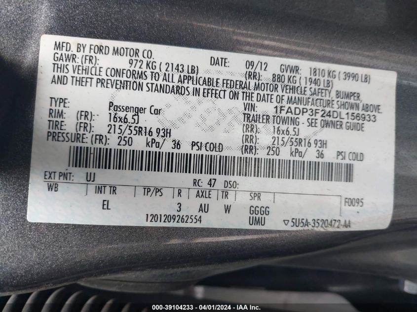 1FADP3F24DL156933 | 2013 FORD FOCUS