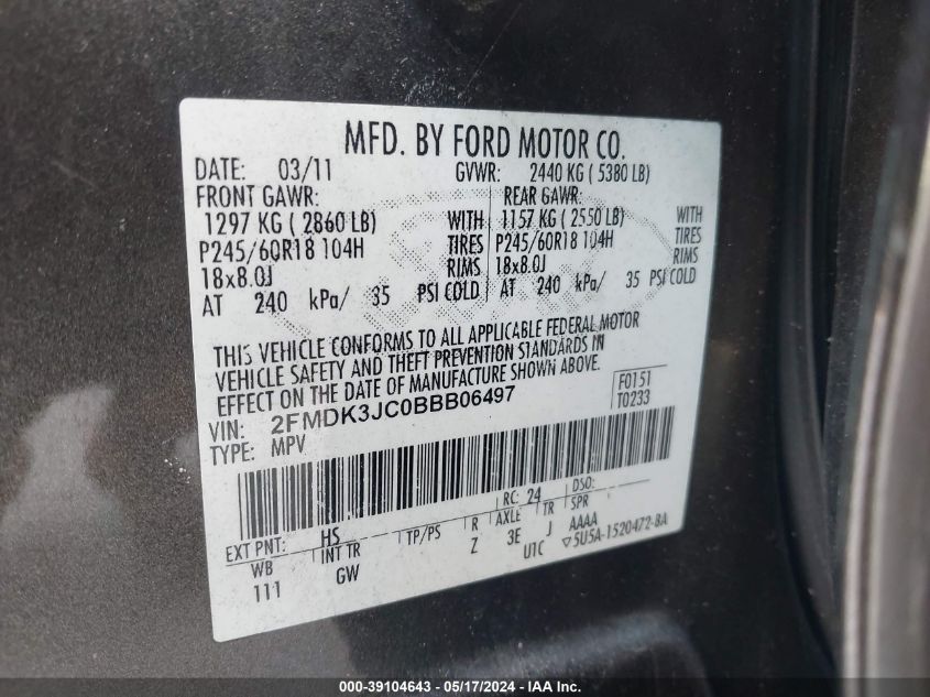 2011 Ford Edge Sel VIN: 2FMDK3JC0BBB06497 Lot: 39104643