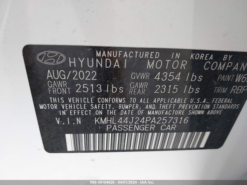 VIN KMHL44J24PA257316 2023 HYUNDAI SONATA SEL PLUS