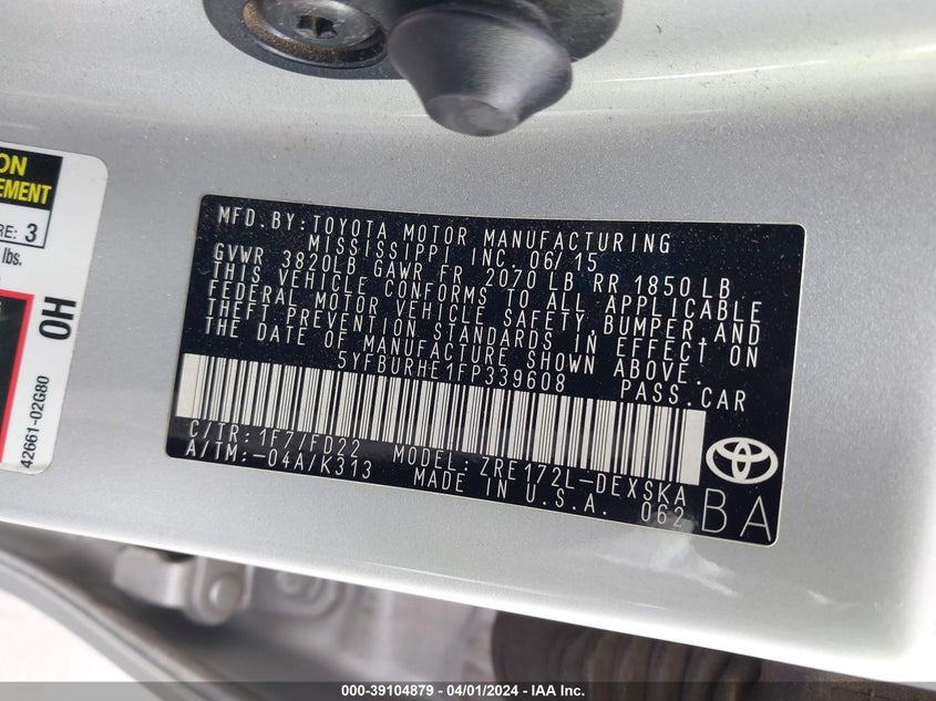 2015 TOYOTA COROLLA S PLUS - 5YFBURHE1FP339608