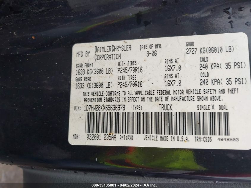 1D7HW28KX6S636978 2006 Dodge Dakota St