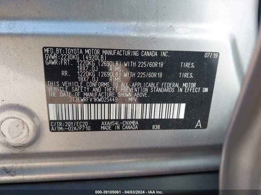 VIN 2T3EWRFV1KW025449 2019 TOYOTA RAV4 HYBRID XSE