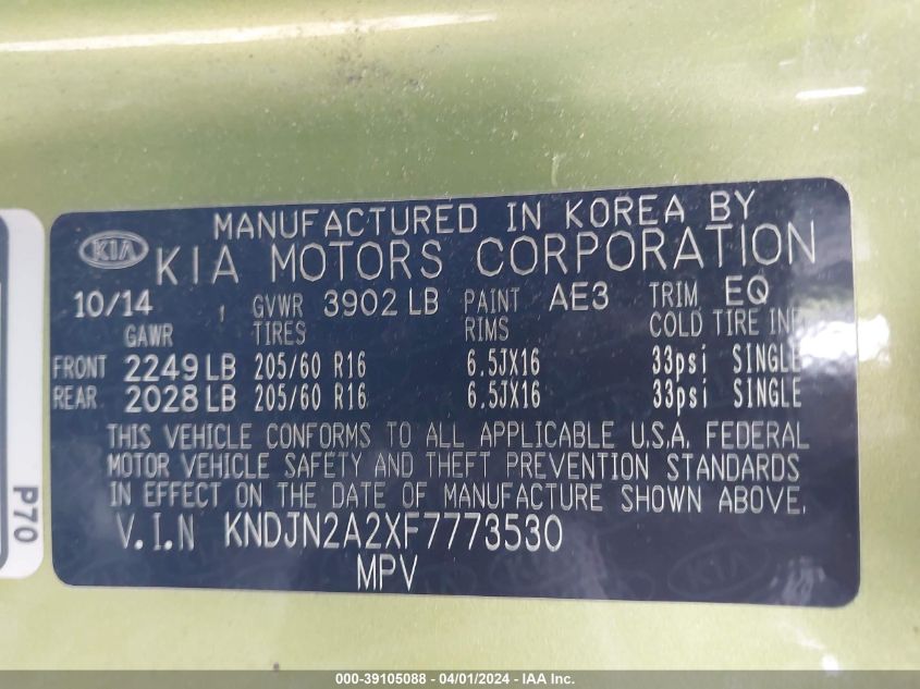 2015 Kia Soul VIN: KNDJN2A2XF7773530 Lot: 39405309