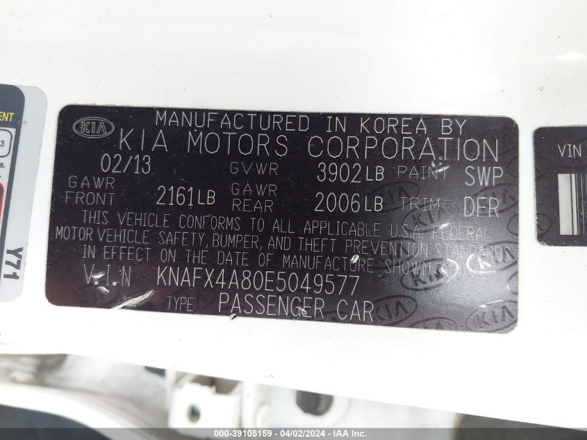 KNAFX4A80E5049577 | 2014 KIA FORTE