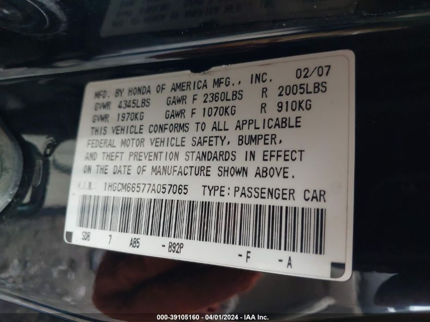 1HGCM66577A057065 | 2007 HONDA ACCORD