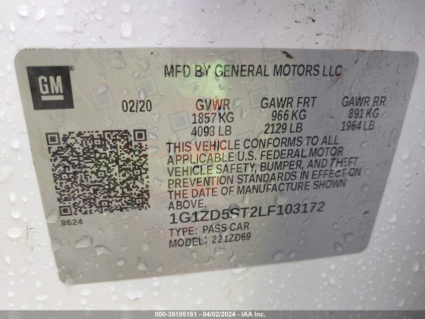 VIN 1G1ZD5ST2LF103172 2020 CHEVROLET MALIBU LT