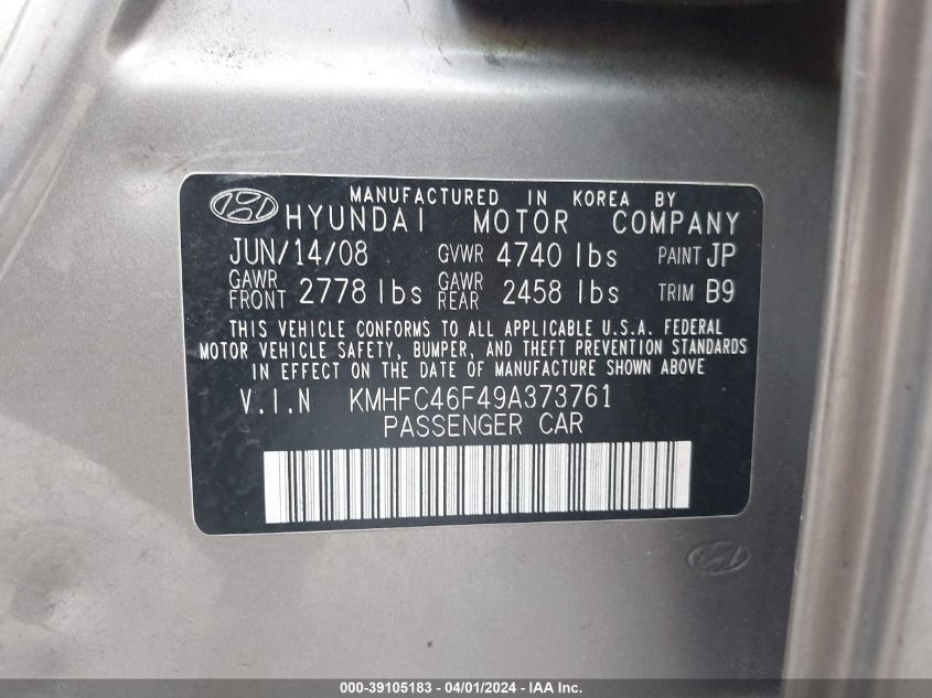 KMHFC46F49A373761 | 2009 HYUNDAI AZERA